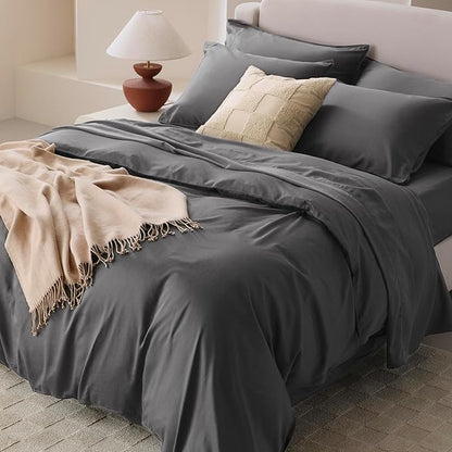 Double Stitch Cotton Tencel Duvet Cover - Queen Size Comforter Cover, Luxury & Soft Eucalyptus Lyocell Bedding Set for Hot Sleepers, Cooling, Smooth & Breathable, Button Closure, Ash Black, 90"x90"