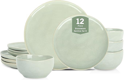 Stone Lain Mirella 12-Piece Stoneware Dinnerware Set, Service for 4 – Reactive Glaze, Light Green – Includes Dinner Plates, Salad Plates, and Bowls – Organic Modern Design
