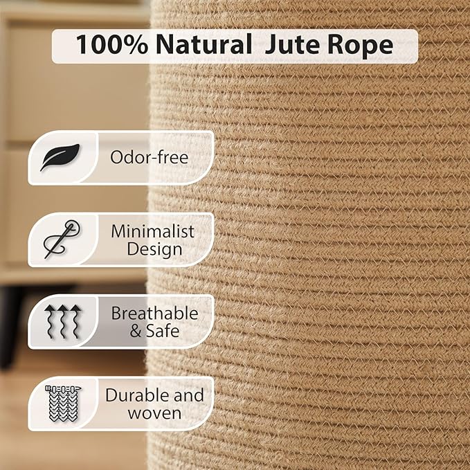 Jute Woven Rope Laundry Hamper, Tall Laundry Basket for Blanket Storage, Large Dirty Clothes Hamper for Toys, Decorative Baby Nursery Hamper for Bedroom, Living Room - Jute Brown, 58L