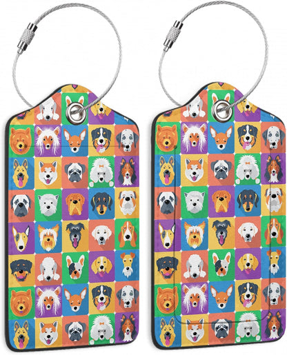 Cute Dog Luggage Tag for Suitcase 2 Pcs Unique Leather Suitcase Tags with Full Privacy Cover Stainless Steel Loop for Women Men Travel Baggage Bag Backpack