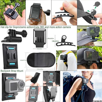 Gurmoir Accessory Kit for Osmo Action 5 pro 4/Insta 360 X5 X4 X3/Go Pro Hero13 12/Gopro Max 2/, Bike Mount/Hat Clip/Helmet Strap/Backpack Mount kit for Gopro/Osmo Action/Insta 360(DT18)