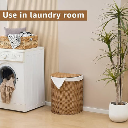 Wicker Half Moon Laundry Basket with Lid and 2 Replaceable Liner Bags, Handwoven Rattan Hamper for Dirty Clothes, Rattan, 60L