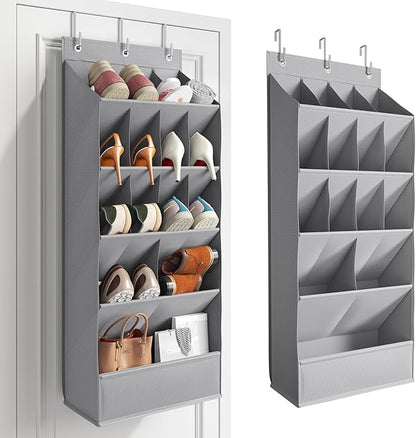 Over the Door Shoe Organizer for Closet, Shoes Rack for Closet with 15 Large Pockets, Hanging Shoe Organizers for Boot Storage, Behind the Door Narrow Shoe Holder for Small Shoes, Grey