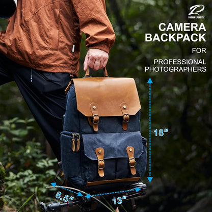 Padwa Lifestyle Blue Camera Backpack - Waxed Memory Weather Resistant Canvas Large Camera Bag,Multifunctional Dslr Camera Backpacks with Multi Cameras,Lens & 16” Laptop Compartment for Photographers