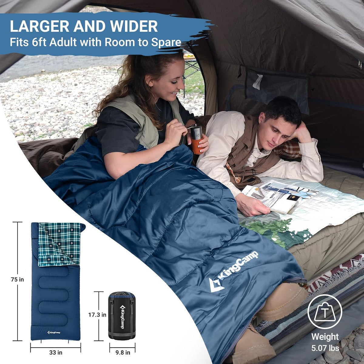 KingCamp Sleeping Bag for Adults, Cold Weather & Warm XL Big and Tall Flannel Sleeping Bags with Compression Sack Portable Waterproof Essentials Gear Accessories for Outdoor Camping