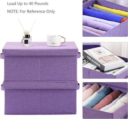 HOONEX Foldable Storage Bins with Lids, Pack of 2, Storage Boxes with 2 Carrying Handles and Sturdy Heavy Cardboard, 16.5" L x 11.8" W x 7.5" H for Shoes, Books, Clothes, Purple