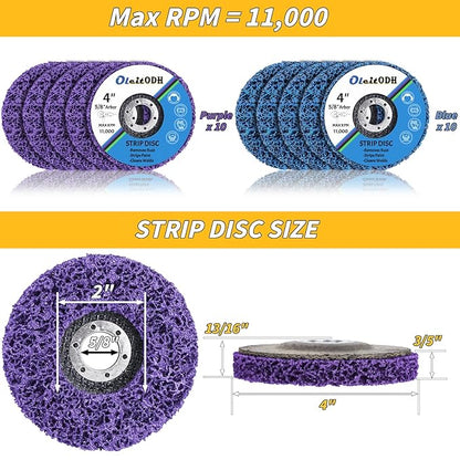 20 Pcs 4" x 5/8" Strip Discs Bulk, Paint Stripping and Rust Removal Wheels for Angle Grinders, Abrasive Grinding Discs for Metal, Wood, and Fiberglass, Blue+ Purple