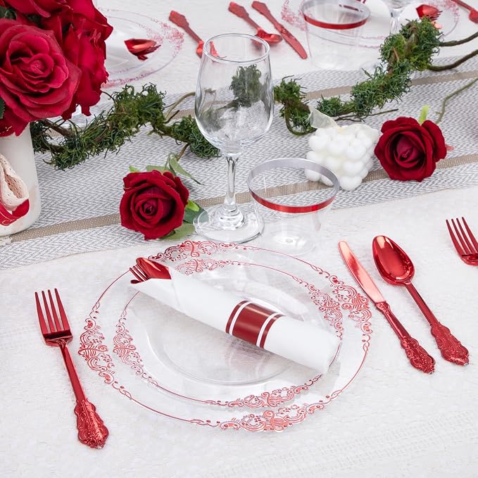 175 Pcs Clear Red Plates for Party | Red Party Plates Set for 25 Guests