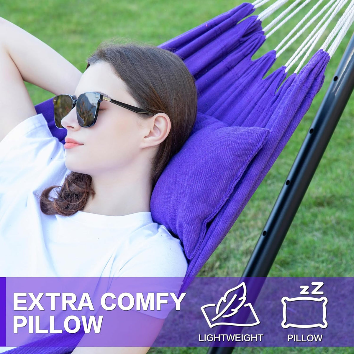 PNAEUT Double Hammocks with Stand for Outside, Portable Space Saving Heavy-Duty Steel Stand for Indoor Outdoor Patio with Carrying Bag, 450 lbs Capacity (Purple)