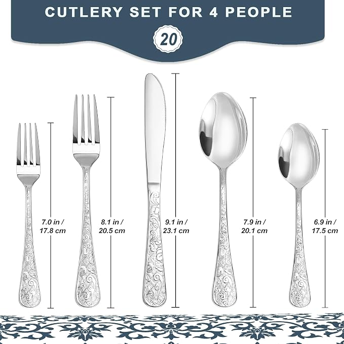 Runfly Vintage Carved Silver Stainless Steel 20-Piece Flatware Set | Silverware