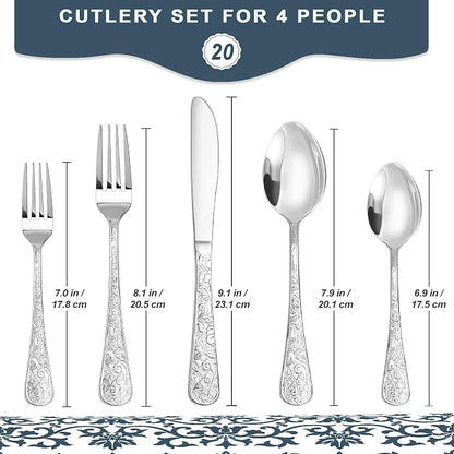 Runfly Vintage Carved Silver Stainless Steel 20-Piece Flatware Set | Silverware