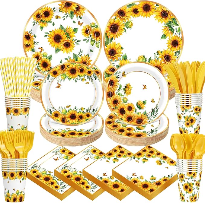 450 Pcs Sunflower Birthday Tableware Set Decorations, Serves 50 | Floral Paper