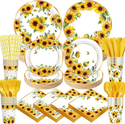 450 Pcs Sunflower Birthday Tableware Set Decorations, Serves 50 | Floral Paper