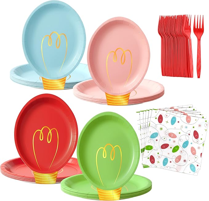 75Pcs Christmas Plates Dinnerware Set Disposable, Heavy Duty Christmas Paper Plates and Napkins with Plastic Forks Party Supplies Serve 25, Light Bulb Design Dinnerware Set for Holiday Home Xmas Party