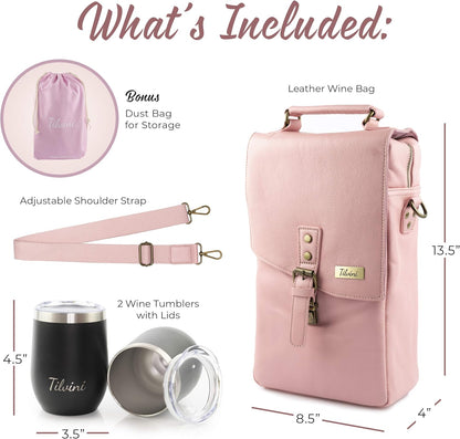 Insulated Genuine Leather Wine Bag With 2 Wine Tumblers. Best Travel Gifts For Women Wine Lovers. Wine Cooler Bag 2 Bottle Wine Carrier Set. Mom Birthday Gift Party Wife Picnic Pink Tote