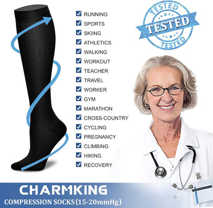 CHARMKING Compression Socks for Women & Men Circulation (3 Pairs) 15-20 mmHg is Best Support for Athletic Running Cycling