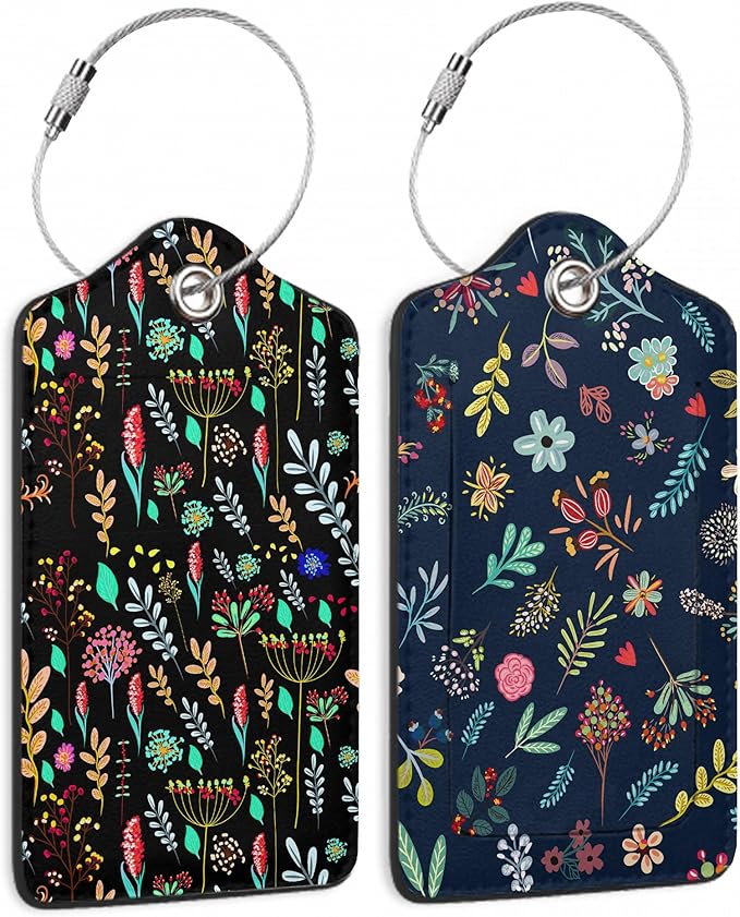 Abstract Small Flowers Luggage Tags for Suitcases, 2 Pack Cute PU Leather Suitcase Tag Identifiers with Address Card for Baggage Tag