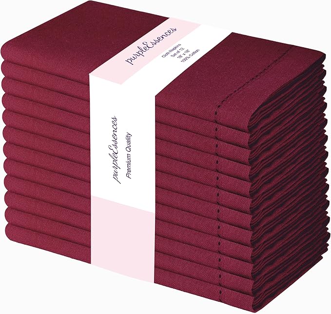 PurpleEssences Set of 12 Hemstitch Cloth Dinner Napkins 100% Cotton - Soft Durable Washable - Ideal for Wedding Christmas Holiday Winter - Perfect Everyday Use Table Linen 18x18 - Burgundy