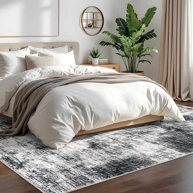 IOHOUZE Modern Abstract Area Rugs 6x9 Ft Washable Rugs for Living Room, Non Slip Dining Room Rug, Printed Faux Wool Rugs for Bedroom, Floor Carpet for Office Nursery Playroom, Black Grey