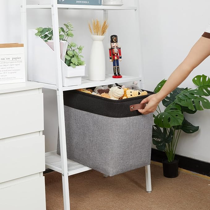HNZIGE Fabric Storage Baskets Large Cloth Baskets Set of 2, Rectangular Shelf Baskets with Handles for storage, Foldable Tall Baskets for Organizing Linen Closet Organizers(Gray Black)