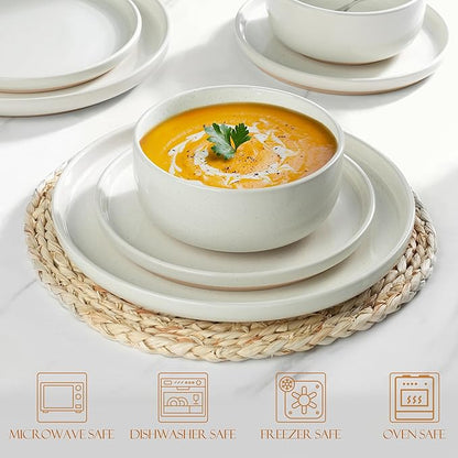 LIANYU Dinnerware Sets, 12 Piece Plates and Bowls Set for 4, Ceramic Dishware Dishes Set, Scratch Resistant Kitchen and Dining Stoneware Plates, Microwave & Dishwasher Safe, Snowy White