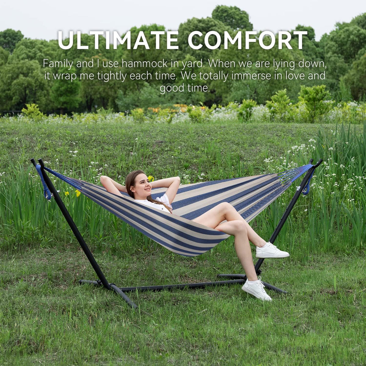 PNAEUT Double Hammocks with Stand for Outside, Portable Space Saving Heavy-Duty Steel Stand for Indoor Outdoor Patio with Carrying Bag, 450 lbs Capacity (Sky)