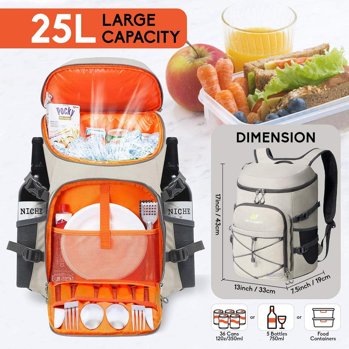 N NEVO RHINO Backpack Coolers Insulated Leak Proof 36/54 Cans,Portable Lightweight Waterproof Insulated Cooler Backpack for Men & Women Ideal for Camping,Travel,Beach,Picnics,Lunch & Day Trips