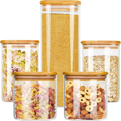 Glass Food Storage Jars with Bamboo Lids Square, Includes 1 Set of 74oz, 2 Set of 41oz & 27oz Storage Kitchen Canisters Pantry For Cookies Cereal Nuts Coffee Beans (Set of 5)