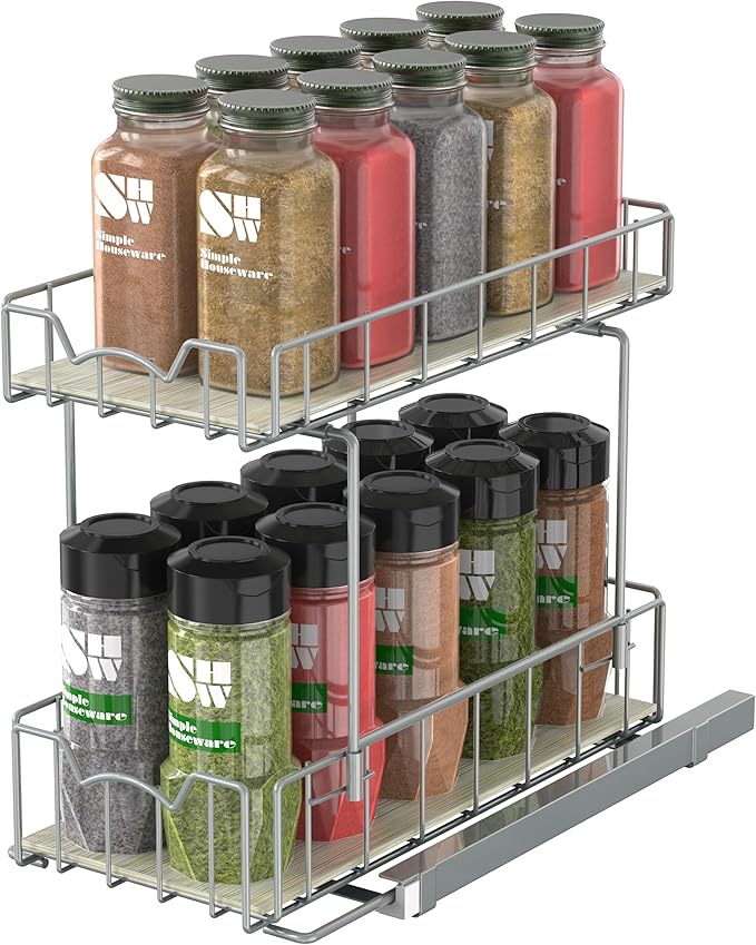 Simple Houseware 2-Tier Spice Rack Slide Out Wire Basket Drawer Organizer, Silver