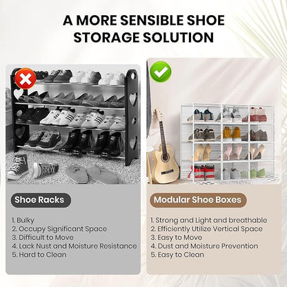 12 Pack XXX-Large Modular Clear Plastic Stackable Shoe Storage Organizer for Closet, Space Saving Versatile Sneaker Shoe Rack Containers Bins Holders, Portable Closet Organizers and Storage, White