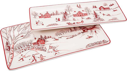 Bico Toile De Jouy Winter Wonderland Ceramic 14 inch Rectangular Serving Platter, Set of 2, for Serving Salad, Pasta, Cheese, Ham, Appetizer, Microwave & Dishwasher Safe
