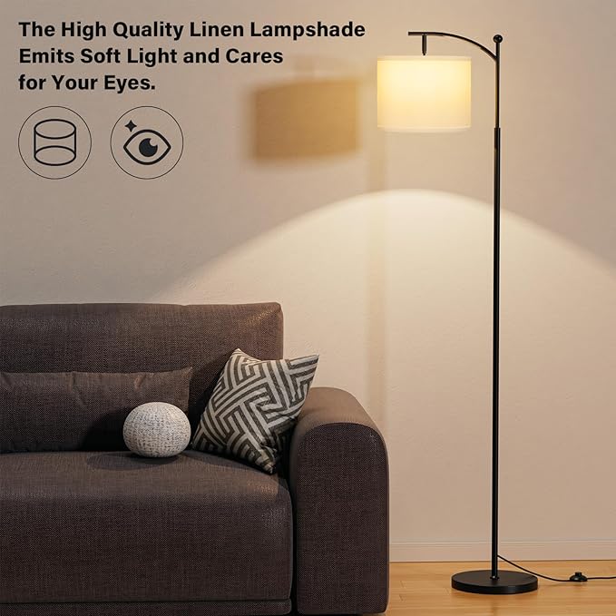 60" Floor Lamp With 3 Color Temperatures, Adjustable White Shade, Black Pole - Tall Lamp for Living Room, Bedroom, Office, Classroom, Dorm - 9W Bulb Included