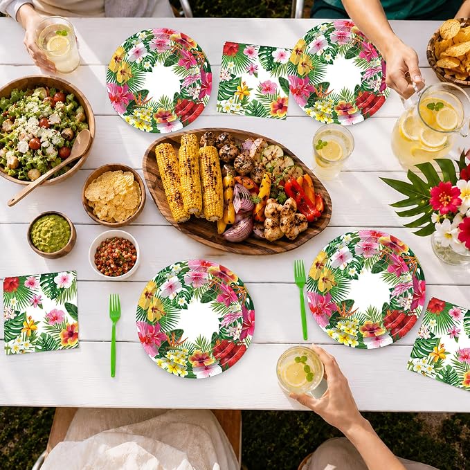 100 Pcs Tropical Luau Party Supplies Set, Serves 25 – Disposable Hibiscus