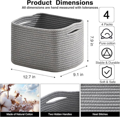 Small Storage Baskets for Organizing, Woven Storage Baskets for Shelves, Cotton Rope Basket for Storage, Cute Rectangular Book Toy Grey Basket, 12.7"×9.1"×7.9", 4 Packs, Grey