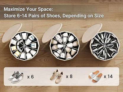 Vailando Shoe Organizer for Closet - Cylindrical Shoe Storage Organizer with Adjustable Dividers for Closet, Foldable Shoe Storage Box, Beige, 2-Pack, Large