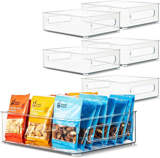 Plastic Food Storage 6 Pack Clear Container Bin with Handles for Organizing Kitchen, Pantry, Refrigerator, Freezer, Pantry, Cabinet, Closet, Bathroom. Stackable 10”x8”x3”