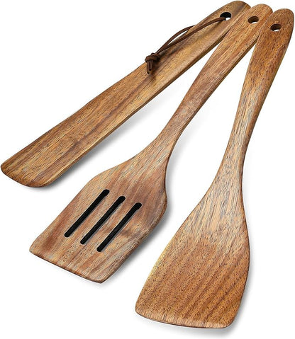 3Pcs Wooden Spatulas, Wooden Spatula for Cooking Long Handle Frying Turner Non-Stick Slotted Spurtle and Wood Scraper for Flipping, Scraping, and Turning, Cooking Utensils Set