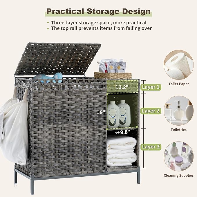 Laundry Hamper with Lid, 110L (29.1 Gal) Rattan Laundry Hamper 2 Section with 50L (13.2 Gal) Storage Shelf, Wicker Woven Laundry Sorter Basket with 3 Liner Bags and Handles, Gray GLH002G