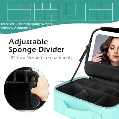 MOMIRA Travel Makeup Bag Cosmetic Bag Makeup Organizer Bag with Lighted Mirror, Adjustable Brightness in 3 Color Scenarios, Waterproof Makeup Train Case, Gift for Women - Aqua Blue