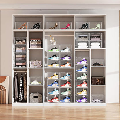 Large Shoe Boxes Clear Plastic Stackable, 8 Pack Drop Side Shoe Storage Organizer with Magnetic Door, Shoe Container Sneaker Storage Display Case Fit up to US Size 13 CLEAR