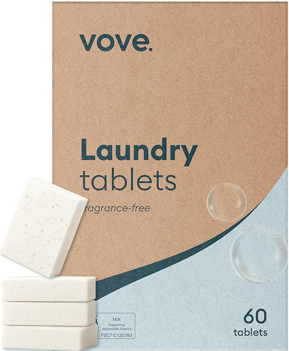Vove Plastic-Free Laundry Detergent Tablets, 60 Pack – Concentrated, Biodegradable & Plant-Based Formula with 3x Enzyme Power – Tough on Stains, Gentle on Fabric, Fragrance-Free & Eco-Friendly