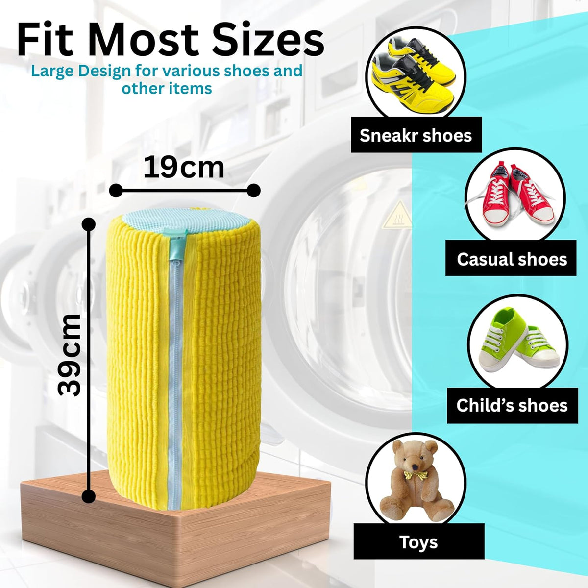 2-Pack Shoe Laundry Bags for Washer & Dryer – Reusable Sneaker laundry Bag with 360° Microfiber Cushion – Anti-Deform, Tear-Resistant, Foldable shoe washing machine bag, 39x19cm – Yellow