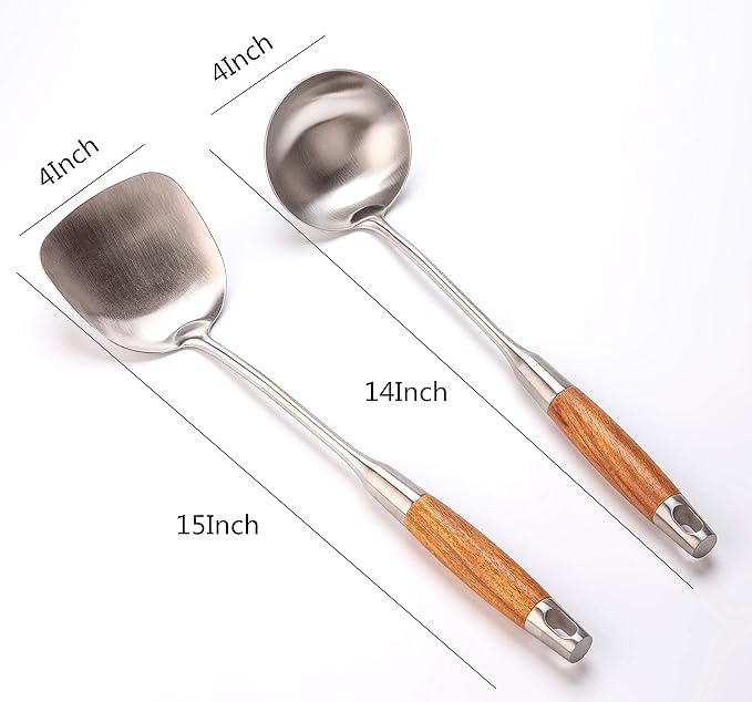 Wok Spatula and Ladle,304 Stainless Steel Utensils.Suitable for home use, hotel, restaurant.13.7-15Inch