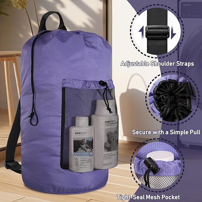 Laundry Bag Backpack Large Travel Laundry Bag with Adjustable Shoulder Straps Portable Laundry Hamper for College, Dorm, Apartment Camp (Purple)