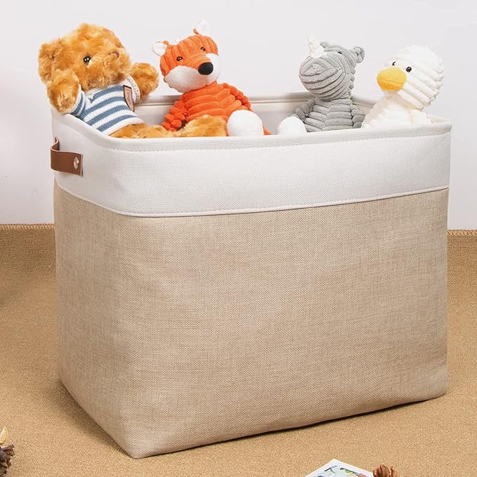 DULLEMELO Large Collapsible Storage Basket/Bin with Sturdy Leather Handles, Fabric Organizer Bin for Storage Clothes, Toys, Books, Office, Bedroom, Closet, Nursery & Laundry (White&Khaki)