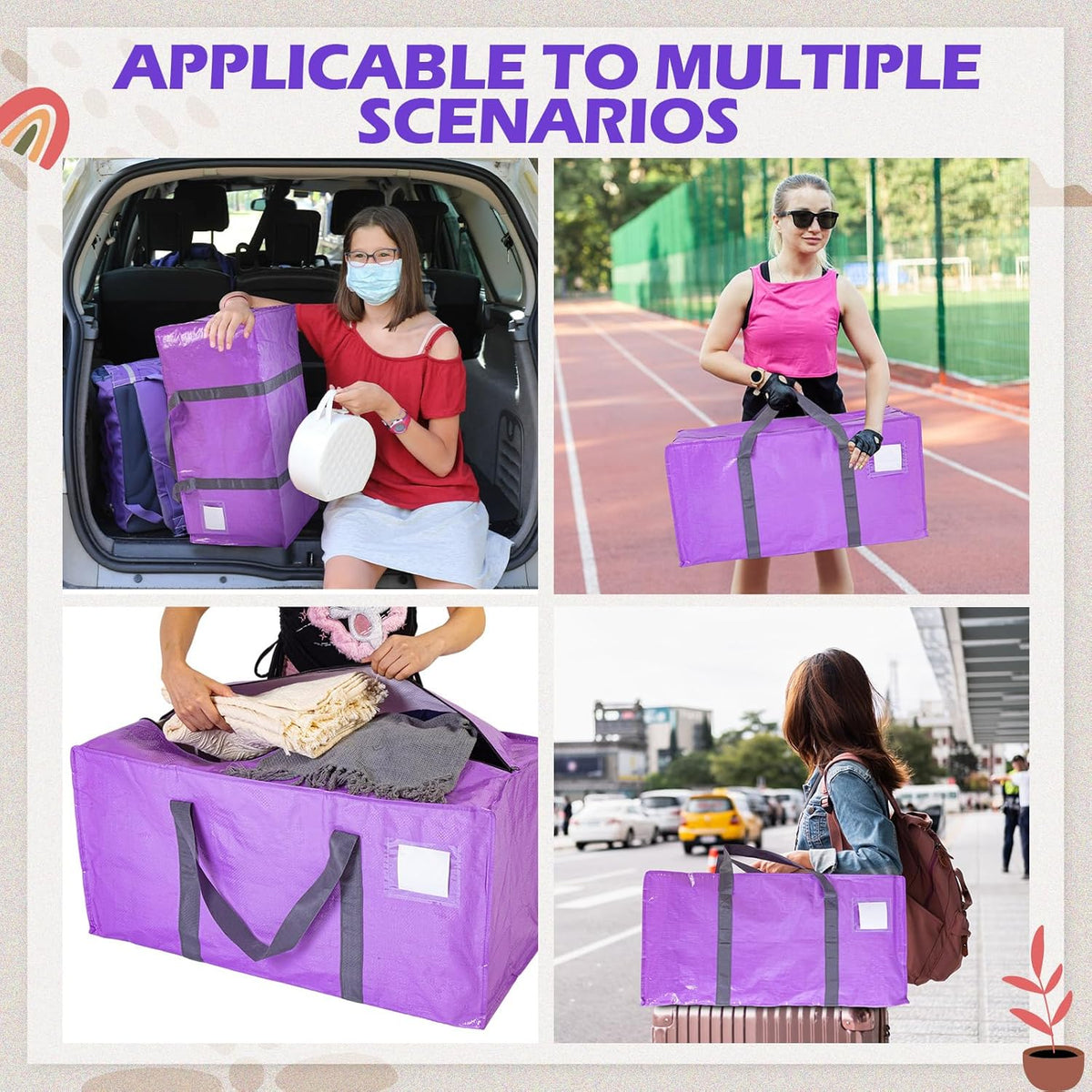 8 Pack Extra Large Moving Bags Heavy Duty Packing Bags with Extra Long Handles and Zippers Storage Totes for College Students Room Dorm Essentials Packing Supplies(Purple)
