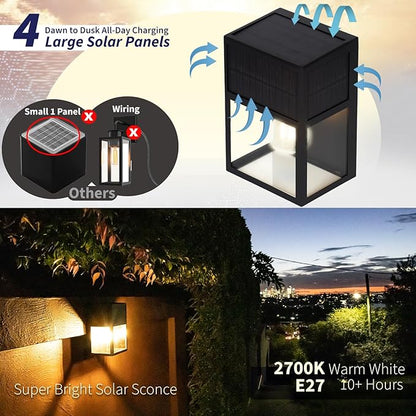 Outdoor Solar Wall Lights, High Brightness Waterproof Lanterns, Porch LED with Stainless-Steel & Tempered Glass, Black Sconce for Door Entryway, Garage, Patio, Yard, Warm White 2Pk