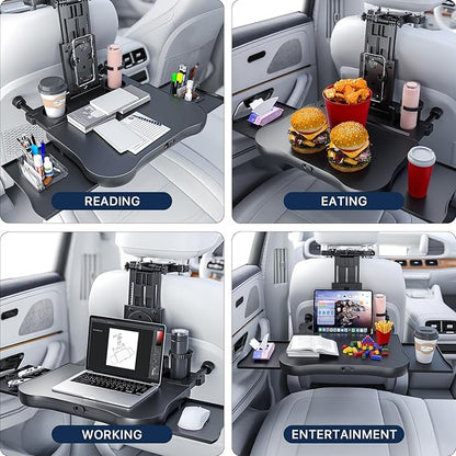 Car Back Seat Tray Table, Stable Foldable Auto Backseat Food Trays Desk for Rear Passenger Road Trip Eating & Work, Multifunctional Adjustable Travel Tray with Phone Drink Holder for Laptop iPad