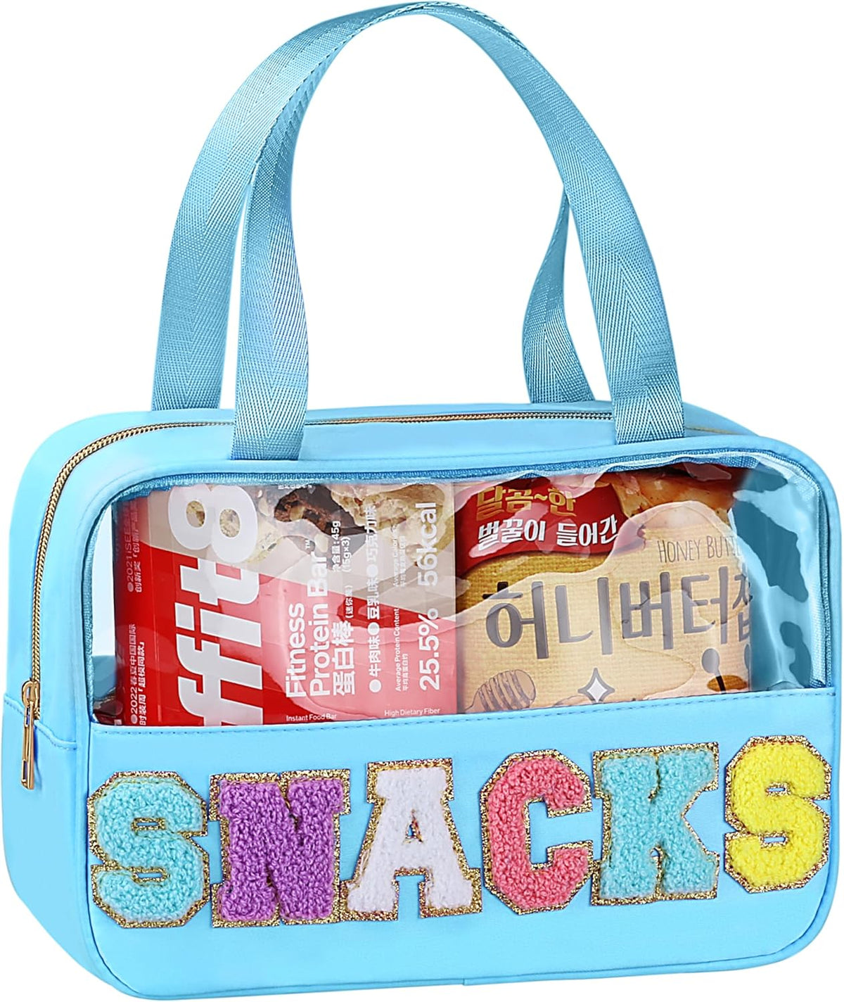 Snack Bag for Travel - Chenille Letter Clear Makeup Bag, Large Preppy Patch Snack Cosmetic Bag with Handle and Zipper, Cute Makeup Pouch Nylon&PVC Waterproof Toiletry Organizer Storage for Women Girls