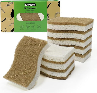 9 Pack Biodegradable Natural Kitchen Sponge - Compostable Cellulose and Coconut Walnut Scrubber Sponge - Eco Friendly Sustainable Sponges for Dishes